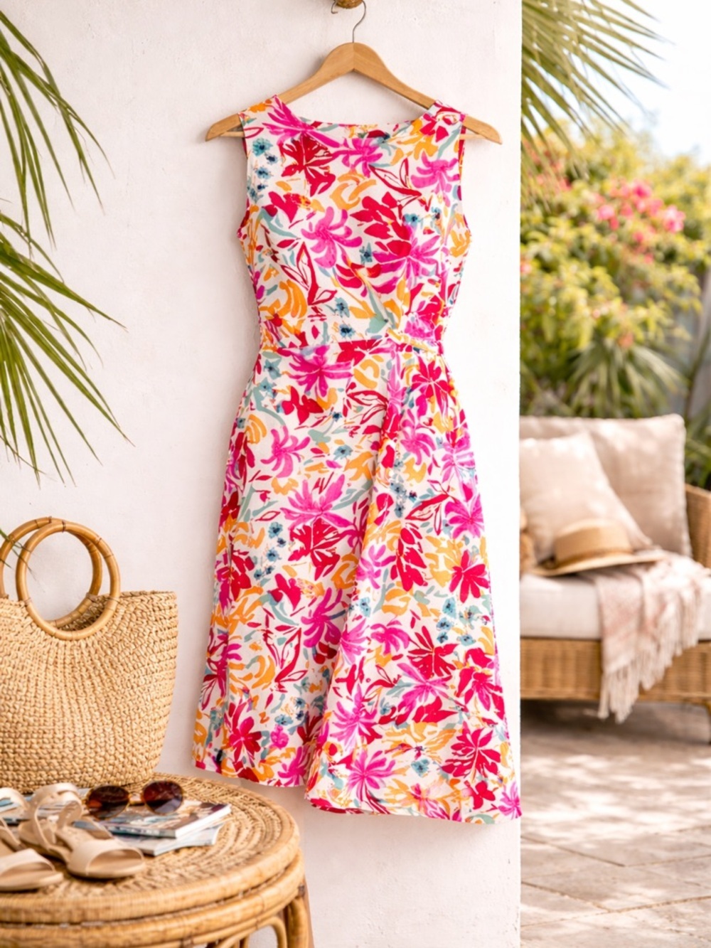 Maggy London Tropical Floral Midi Dress Pink Orange Sleeveless Summer Size 2